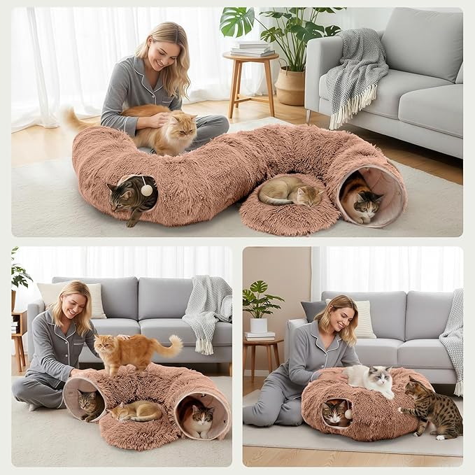 DUMOS Cat Tunnel Bed for Indoor Cats Cave Donut Play Tunnel with Soft Plush Peekaboo, Circle Cushion, Washable Multifunctional Playground Under Tree Pet Toys for Kittens, Puppy Rabbit, Ferret, Brown