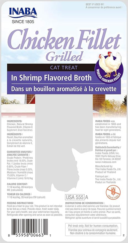 INABA Premium Hand-Cut Grilled Chicken Fillet Cat Treats/Topper with Vitamin E and Green Tea Extract, 0.9 Ounces Each, Pack of 6, Shrimp Broth