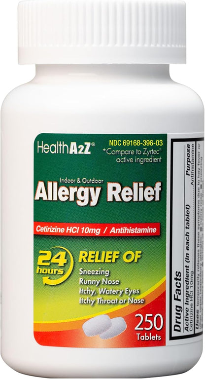 HealthA2Z® Allergy Relief | Cetirizine 10mg | All Day Allergy Relief | Indoor & Outdoor | Relief from Itchy Throat, Sneezing, Runny Noses (250 Count (Pack of 1))