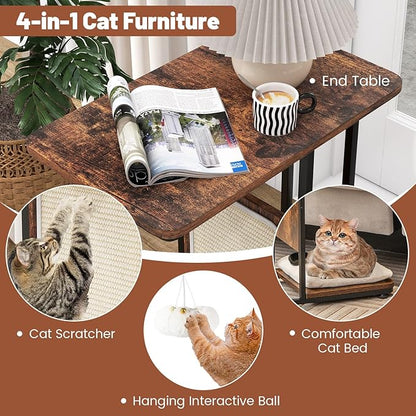 Giantex Cat Scratcher Side Table, C-Shaped End Table with Cat Scratching Board, Washable Cushion, Jingling Ball, Metal Frame, Couch Table Cat Tree Tower for Living Room Bedroom, Rustic Brown