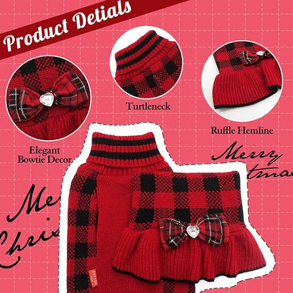 KYEESE Dog Christmas Sweater Dress with Bowtie Checkered, Turtleneck Dog Sweater for Small Dogs Girl with Leash Hole, Holiday Warm Pet Sweaters Dress, Red, Medium