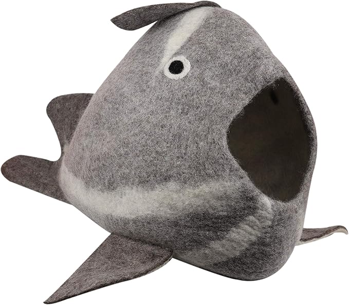 Whale Cat Cave — Felt Cat Cave Bed, Funny Cute Cat Bed, Handmade Wool Cat Cave for Indoor Cats, Fits 1 Large or 2 Small Cats, 20 x 14.5 Inch, Natural Wool Cat Hideaway