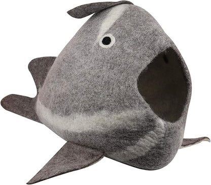 Whale Cat Cave — Felt Cat Cave Bed, Funny Cute Cat Bed, Handmade Wool Cat Cave for Indoor Cats, Fits 1 Large or 2 Small Cats, 20 x 14.5 Inch, Natural Wool Cat Hideaway