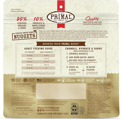 Primal Freeze Dried Raw Cat Food Nuggets Venison, Complete & Balanced Meal or Topper, Premium, Healthy, Grain Free, High Protein Raw Cat Food with Probiotics (5.5 oz)