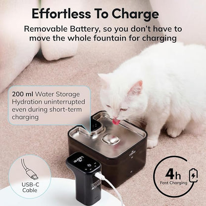 Cat Water Fountain Cordless, 88oz/2.6L Wireless Pet Water Fountains for Cats Indoor, Battery Operated Cat Drinking Fountain with Motion Sensor, Ultra Quiet Pump, BPA-Free, Black + 6 Filters