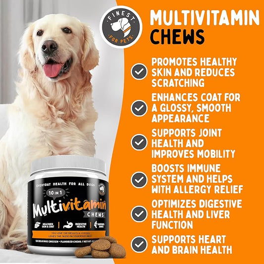 Finest For Pets Multivitamin Dog Supplement – 10 in 1 with Omega Fish Oil & Glucosamine for Improved Joint & Skin Support, Gut, Digestion & Immune Everyday Health (120 Chewable Treats)