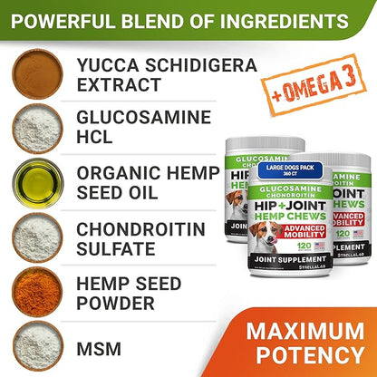 Large Breed Glucosamine Hemp Dog Joint Supplement - Hemp Chews for Dogs Hip Joint Pain Relief - Omega 3, Chondroitin, MSM - Advanced Mobility Hemp Oil Treats for Large Dogs - Made in USA - 360 Ct