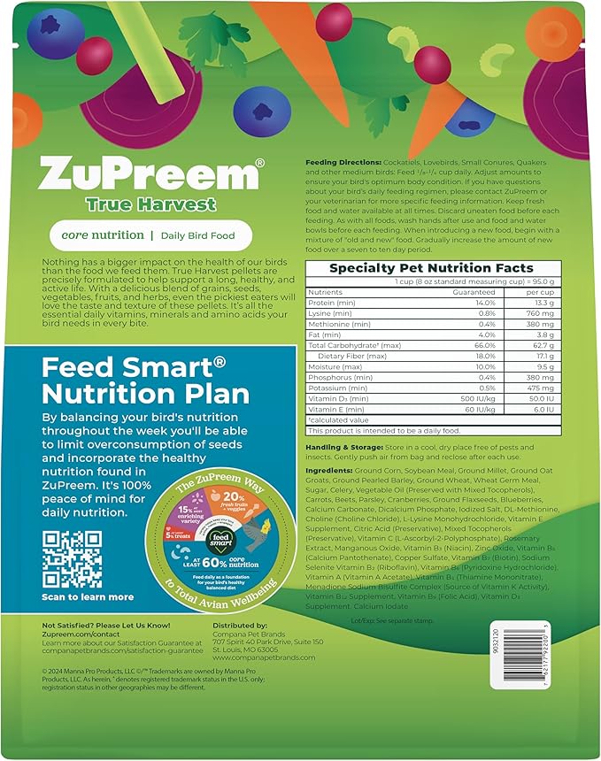 ZuPreem Natural Bird Pellets, Daily Bird Food for Cockatiel, Lovebird, Quaker, Small Conure, Lorikeet, Core Nutrition for Medium Birds, Added Vitamins, Cockatiel Pellets (M, 2.5 lbs)