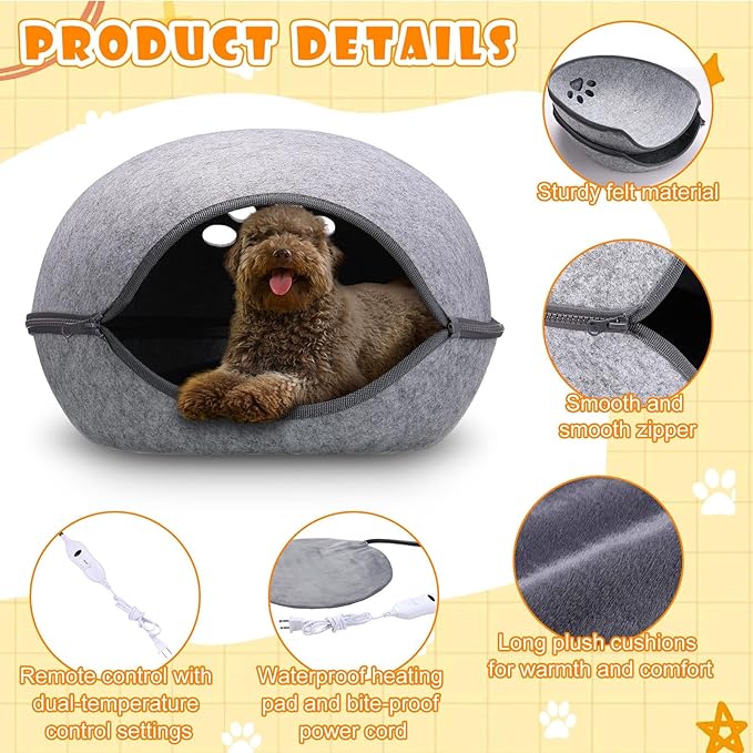 Beeveer Heated Cat Bed, Indoor Heated Cat Cave, Warmer Thermal Pet Bed with Removable Waterproof Heater for Kitty Small Dogs Gray (18.1 x 15 x 9.8 Inches)