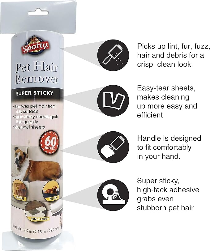 Supersize Extra Sticky, Adhesive Lint Roller Refill, Pet Cat & Dog Hair Remover for Clothes and Furniture, 60 Sheet ct (Pack of 6)