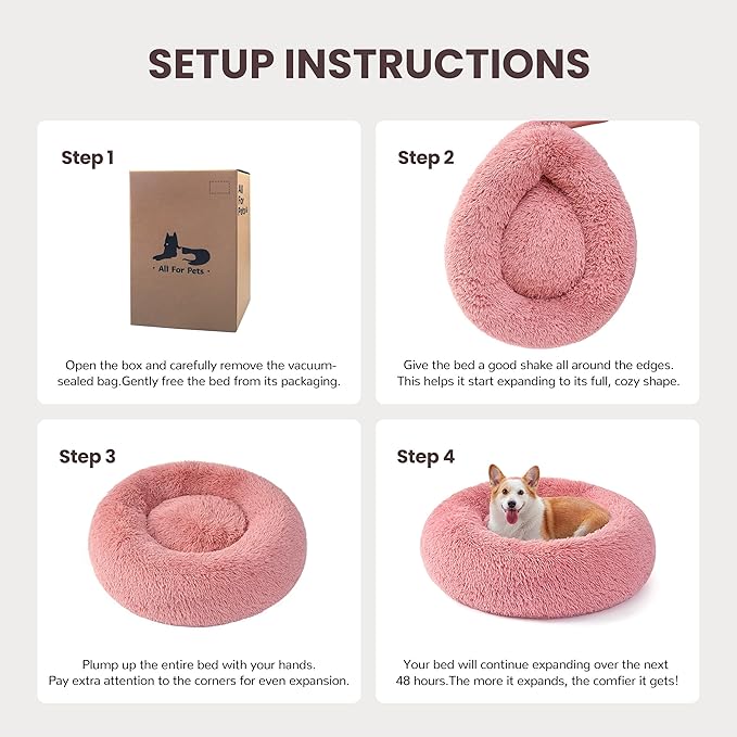 Donut Dog Bed Medium Size Dog, Round Cat Beds for Small Medium Dogs and Cats with Washable Fluffy Faux Fur, Cute Comfort Pet Bed with Anti-Slip Bottom, Pink, 30"