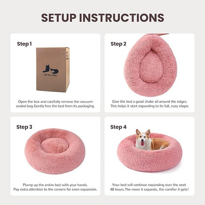 Donut Dog Bed Medium Size Dog, Round Cat Beds for Small Medium Dogs and Cats with Washable Fluffy Faux Fur, Cute Comfort Pet Bed with Anti-Slip Bottom, Pink, 30"