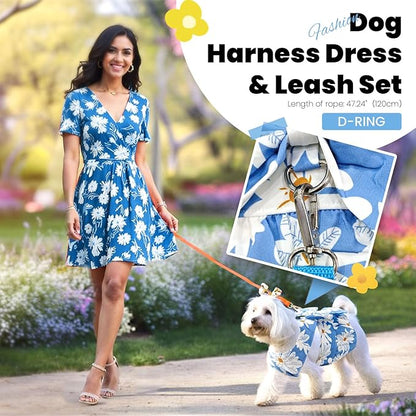 ABRRLO Cute Dog Dress Small Dog Clothes for Girls Female Puppy Outfits Blue Daisy Pet Summer Clothes Bowknot Doggy Cat Princess Dress Harness Set for Holiday Birthday Party Costume Clothing (Blue,XL)
