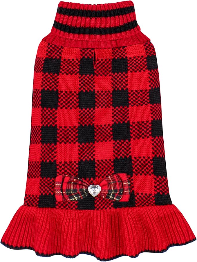 KYEESE Dog Christmas Sweater Dress with Bowtie Checkered, Turtleneck Dog Sweater for Small Dogs Girl with Leash Hole, Holiday Warm Pet Sweaters Dress, Red, Medium