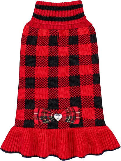 KYEESE Dog Christmas Sweater Dress with Bowtie Checkered, Turtleneck Dog Sweater for Small Dogs Girl with Leash Hole, Holiday Warm Pet Sweaters Dress, Red, Large