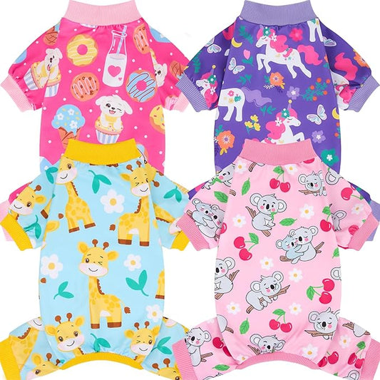 XPUDAC 4 Pieces Dog Pajamas for Small Medium Sized Dogs Stretchable Dog Pjs Soft Puppy Clothes Boy Girl Cats Pet Outfits, X-Small