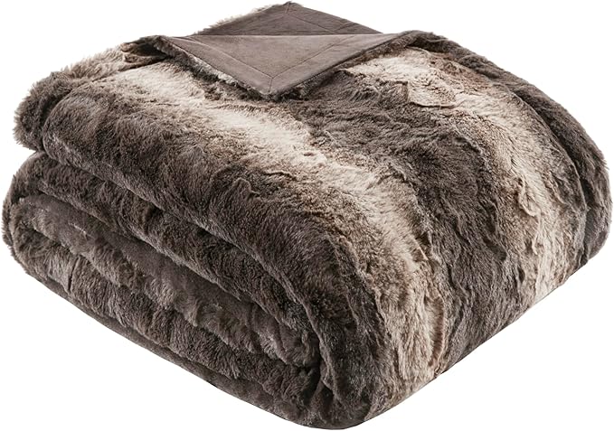 Madison Park Queen Size Ultra-Soft Poly Fur Blanket Queen Size, Reversible Plush, All Season & Lightweight Queen Fuzzy Blanket for Bed, Couch & Sofa, Zuri, Full/Queen Brown