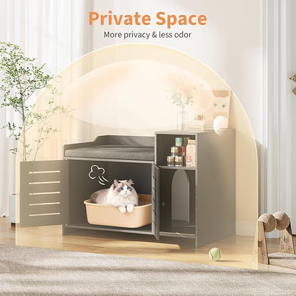 Cat Litter Box Enclosures, Large Hidden Cat Litter Box Furniture with Double Door, Wooden End Table Litter Box Cabinet with Storage Shelf, Cushion & Litter Mat, Dog Proof Design, Modern Cat House