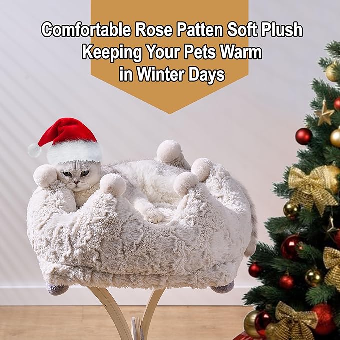 PetPals Round Cat Bed with Removeable and Washable Cushion, Super Soft Rose Patten Faux Fur Pet Bed for Puppy and Kitten with Anti-Slip Bottom (Rose Crown)