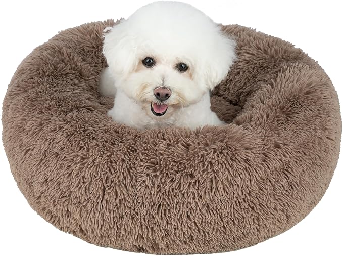 Best Pet Supplies Round Calming Dog Bed for Small, Medium & Large Dogs, Plush Donut Cuddler Pet Bed w/Raised Rim for Head, Neck Support, Anti-Slip Bottom Washable Bed - Caramel, 27 x 27 x 7.5