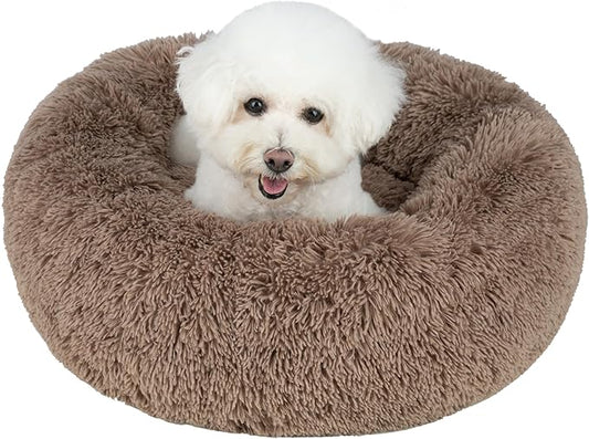 Best Pet Supplies Round Calming Dog Bed for Small, Medium & Large Dogs, Plush Donut Cuddler Pet Bed w/Raised Rim for Head, Neck Support, Anti-Slip Bottom Washable Bed - Caramel, 27 x 27 x 7.5