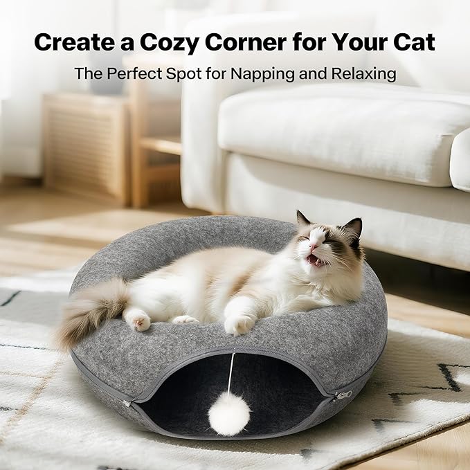 Pawise Peekaboo Cat Cave Donut Tunnel Bed, Cat Tunnel Bed,Convertible Felt Cats Cave for Indoor Catty, Comes with Random Catty Teaser Wand & Cat Collar(Large)