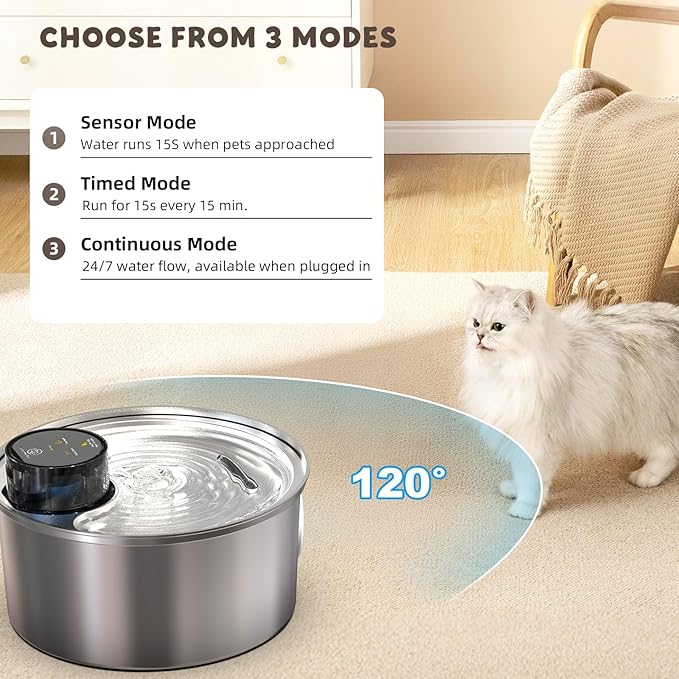 Casfuy PWL-003 Smart Motion Sensor Cordless Stainless Steel Dog & Cat Water Fountain, 108-oz
