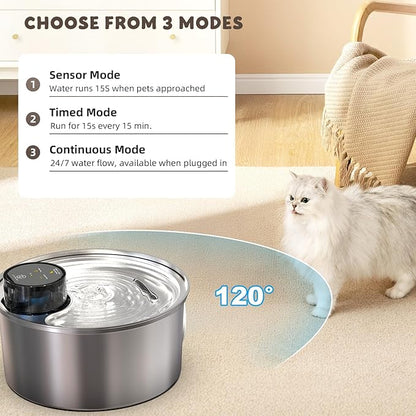 Casfuy PWL-003 Smart Motion Sensor Cordless Stainless Steel Dog & Cat Water Fountain, 108-oz