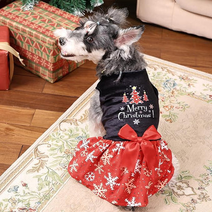 CuteBone Christmas Dog Dresses Velvet Holiday Small Dogs Clothes Onesie Pet Apparel Girl Puppy Skirt with Bow Hair Rope CVA54XS-D