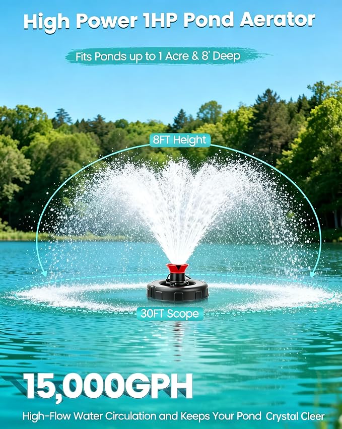 Floating Pond Fountain Aerator, 1HP, 110V, 15000GPH, Black | 304 Stainless Steel, Smart Programmable Timer, Anti-Tipping Base, 100 FT Power Cord Floating Pond & Lake Fountain Aerator