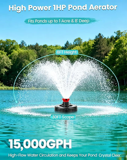 Floating Pond Fountain Aerator, 1HP, 110V, 15000GPH, Black | 304 Stainless Steel, Smart Programmable Timer, Anti-Tipping Base, 100 FT Power Cord Floating Pond & Lake Fountain Aerator