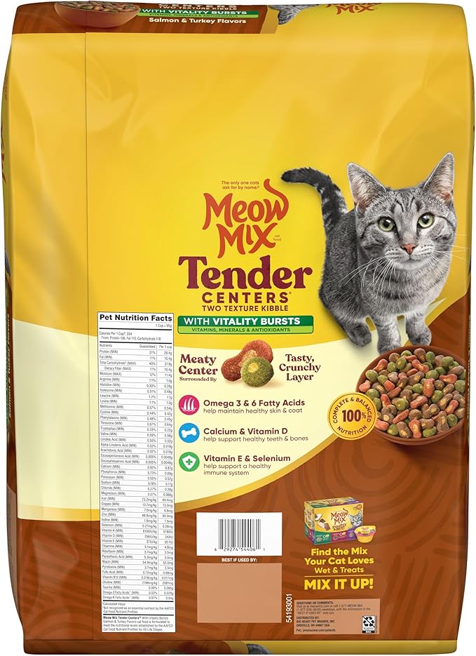 Meow Mix Tender Centers Vitality Bursts, Salmon & Turkey Flavor, Dry Cat Food, 14.2 lb. Bag