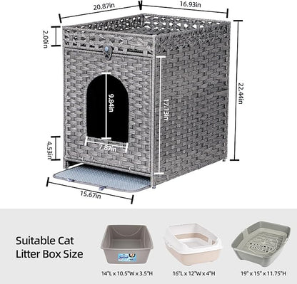 Snughome Cat Litter Box Enclosure Furniture Hidden with Cat Litter Mat, Hidden Cat Washroom Furniture with Door, Handwoven Rattan Cat Washroom Box, Indoor Pet House for Living Room, Bedroom(Grey)