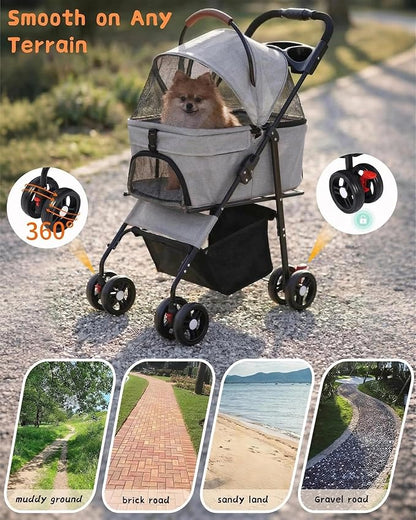 Pet Stroller with Removable Carrier, 35lbs Capacity - One-Click Foldable Dog Stroller, Cat Carrier & All-Terrain Wheels, Compact Travel Pet Stroller for Small to Medium Pets-Gray