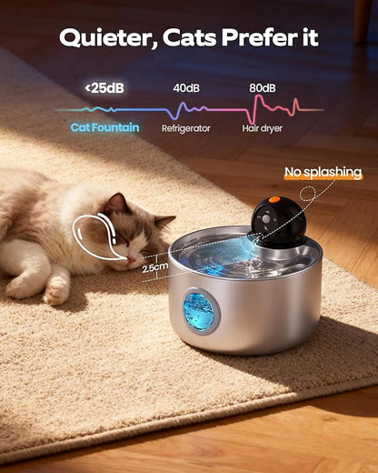 Cordless Cat Water Fountain Wireless: Battery Powered Pet Water Fountains for Cats Indoor - 2.6L Rechargeable Kitty Water Fountain Stainless Steel with Water Level Window - 8 Filters & 8 Sponges