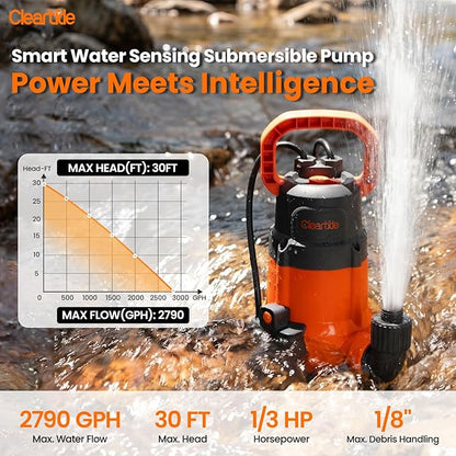 1/3 HP Submersible Utility Pump, 2790 GPH High Flow, Portable Sump Pump with Auto Water Sensor, Ideal for Pool, Flooded Basement, Hot Tub, Pond and Garden Draining