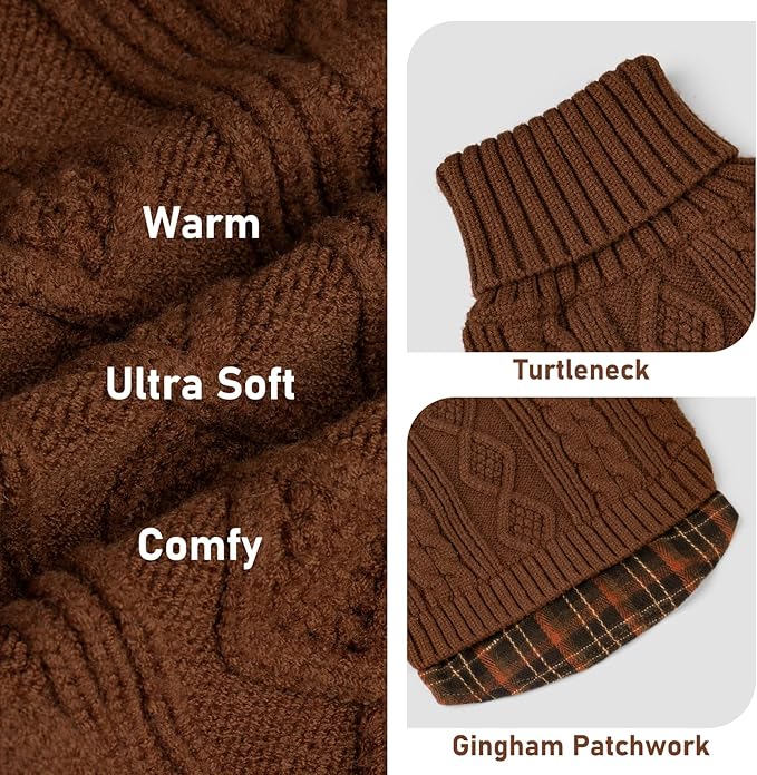 KYEESE Dog Sweater Thick Pet Coat for Fall Winter Cold Weather Stretchy Knitwear Cat Clothes Soft Pullover Dog Sweaters for Small Dogs Male Warm Turtleneck Small Dogs Sweater with Gingham Patchwork