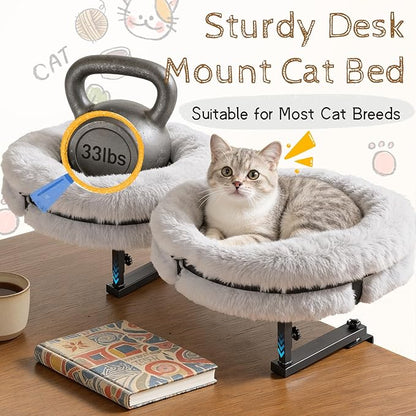 Cat Bed for Desk 360 Rotating with Adjustable Height, Removable Desk Mounted Kitty Bed with Soft Fur, Desktop Cat Hammock Supports 33 lbs for Table Home Office Indoor
