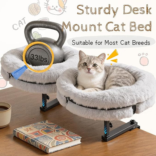Cat Bed for Desk 360 Rotating with Adjustable Height, Removable Desk Mounted Kitty Bed with Soft Fur, Desktop Cat Hammock Supports 33 lbs for Table Home Office Indoor