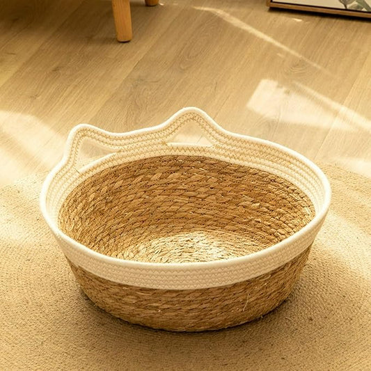A cat Basket Woven from Cattail, Integrated cat Bed with cat Litter and Scratching Board, Foldable Sleeping Basket for Cats, Dogs, Rabbits, and Small Pets