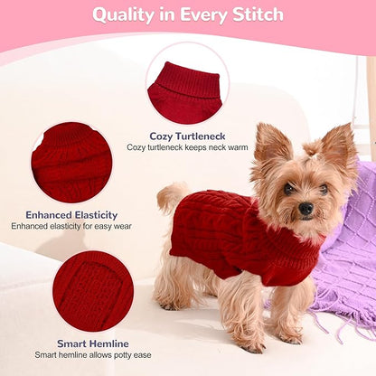 2 Pack Dog Sweaters for Small Dogs Winter Turtleneck Pullover Cable Knit Fleece Stretch Puppy Doggie Chihuahua Toy Poodle Yorkie Pomeranian Boy Girl Pet Clothes (XS, Pink & Red)