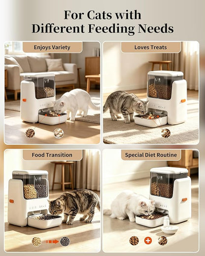 Automatic Cat Feeder, Dual Hopper for Meals & Treats, App Control | Two dry food choices, app feeding plans, 5L capacity, removable bowl, and backup power option for indoor feeding.