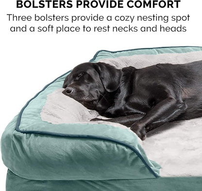 Furhaven Orthopedic Dog Bed for Large Dogs w/ Removable Bolsters & Washable Cover, For Dogs Up to 125 lbs - Plush & Velvet Waves Perfect Comfort Sofa - Celadon Green, Jumbo Plus/XXL