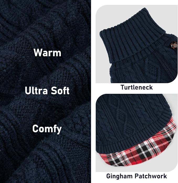 KYEESE Dog Sweater Small Dogs Sweater Stretchy Knitwear Cat Clothes Soft Pullover Warm Turtleneck Dog Sweaters for Small Dogs Male with Gingham Patchwork Thick Pet Coat for Fall Winter Cold Weather