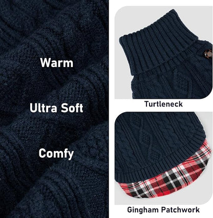 KYEESE Dog Sweater Small Dogs Sweater Stretchy Knitwear Cat Clothes Soft Pullover Warm Turtleneck Dog Sweaters for Small Dogs Male with Gingham Patchwork Thick Pet Coat for Fall Winter Cold Weather