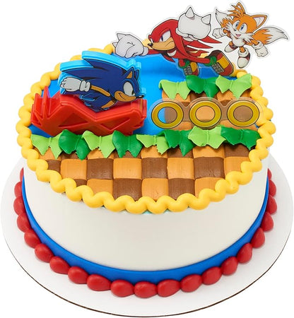 DecoSet Sonic The Hedgehog Cake Topper, 3-Piece Decoration Set With Tails & Knuckles Cake Pic, Rings Cake Pic And Rolling Sonic Action Figurine, For Birthday And Celebrations