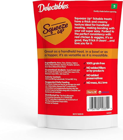 Delectables Squeeze Up Creamy Squeezable Puree, Lickable Wet Cat Treats, Grain Free, No Added Fillers, No By-Products, No Added Preservatives, 0.5 Ounces Chicken & Veggies, 32 Tubes Total
