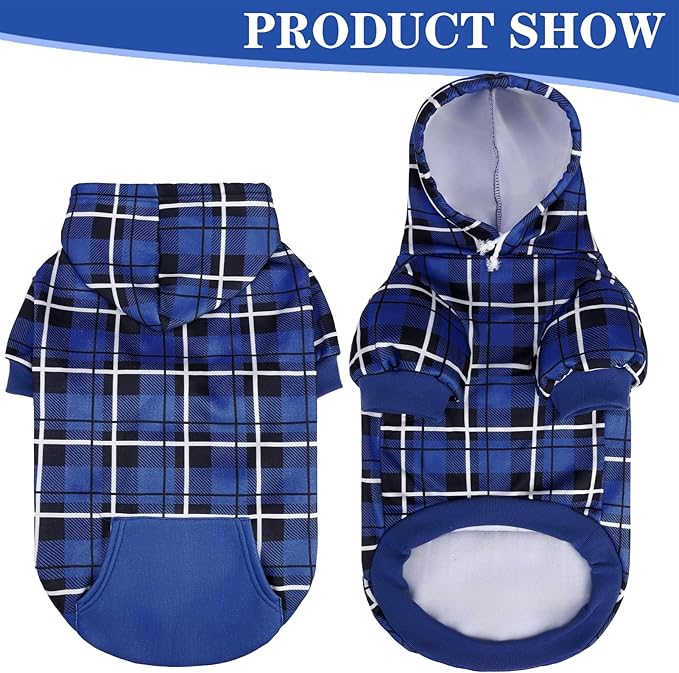 EXPAWLORER Plaid Dog Hoodie - British Style Warm Dog Sweater Shirt with Leash Hole,Pitbull Clothes Outfits,Winter Coat Apparel for All Breeds Puppy Girl Boy-Cat Apparel,Navy Blue X-Small