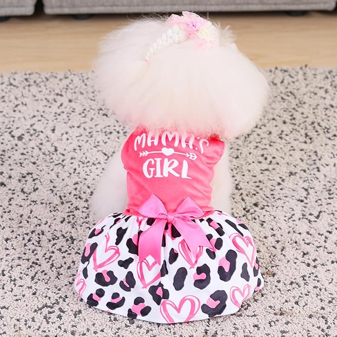 CuteBone Dog Dresses Velvet Mama's Girl Small Dogs Clothes Onesie Pet Apparel Girl Puppy Skirt with Bow Hair Rope CVA40M-D