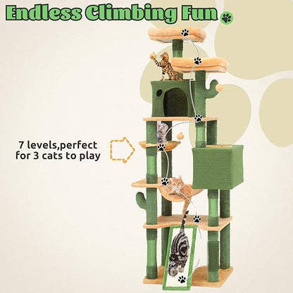 DWVO Cactus Cat Tree for Large Cats: 76" Tall with Self-Grooming Brush, Cute Kitten Climbing Tower for Indoor Kittens with Cat Condo, Top Perch, Basktet, Sisal Scratching Posts, Dangling Ball